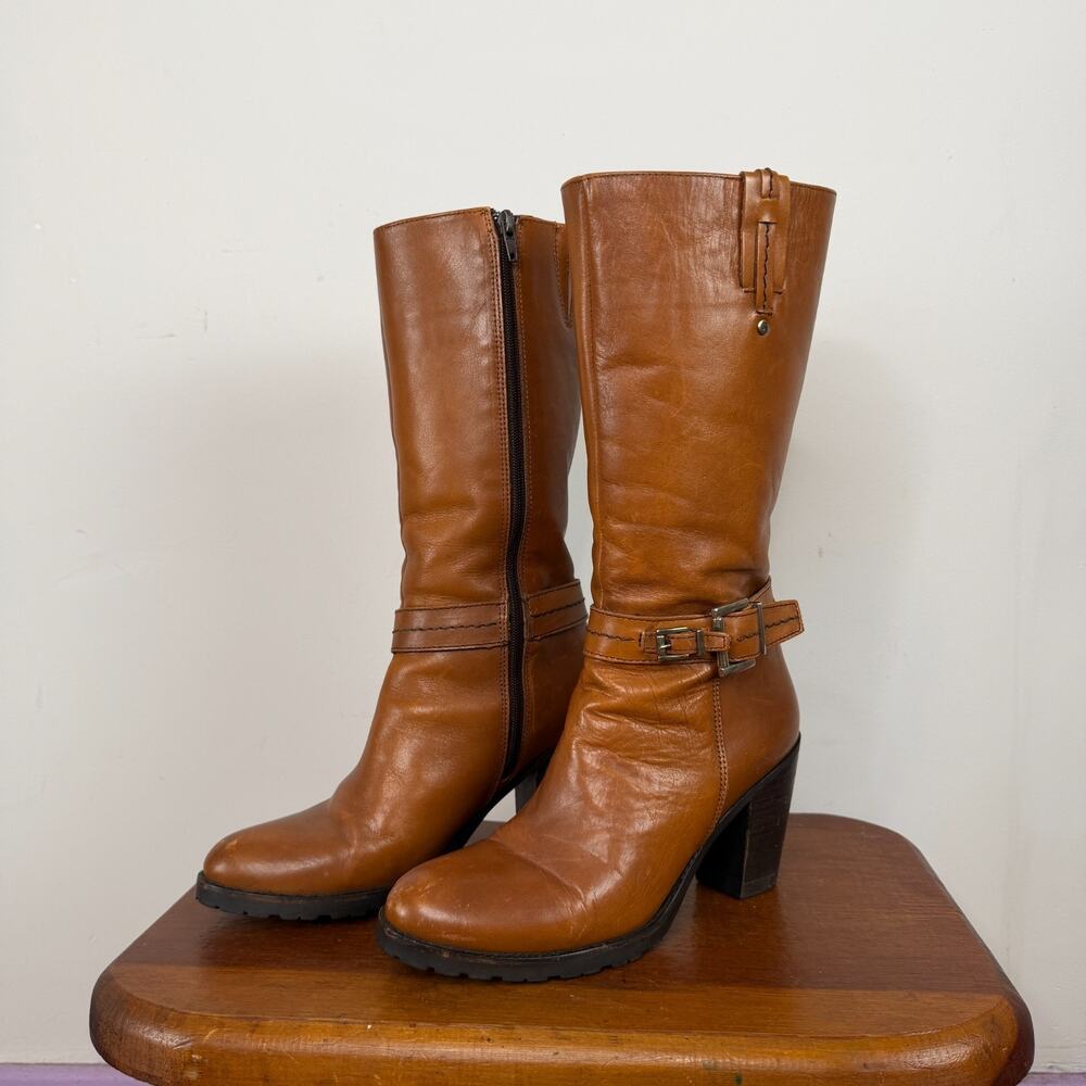 Alpe Camel Chunky Stacked Heel Side Zip Knee High Spanish Riding Boots 39 US 8